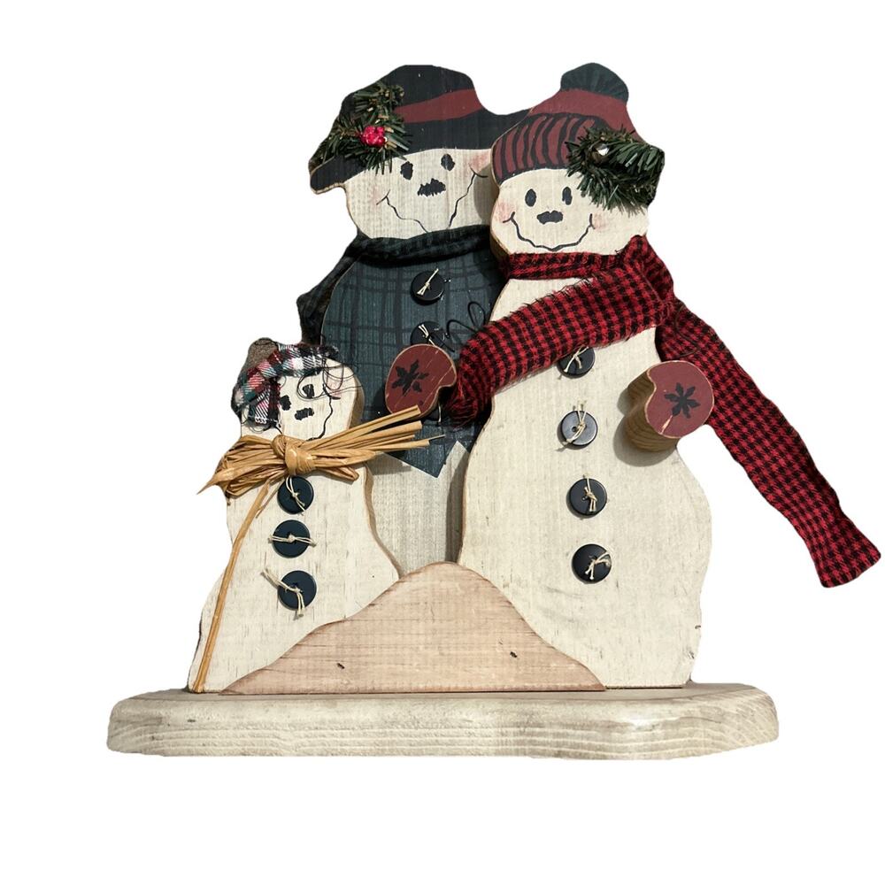Vintage Wooden Handmade Snowman Family Christmas Figurine Hand Cut Hand Painted